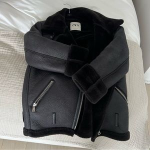 Zara size S faux shearling biker jacket - gently worn - black